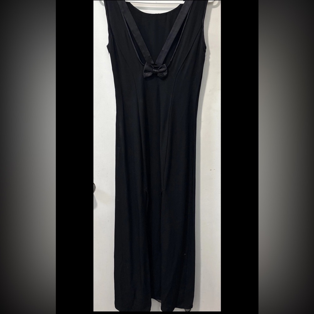 Vintage Scott McClintock Back Satin Bow Maxi Dress Gown Black 90s Slits Size 6